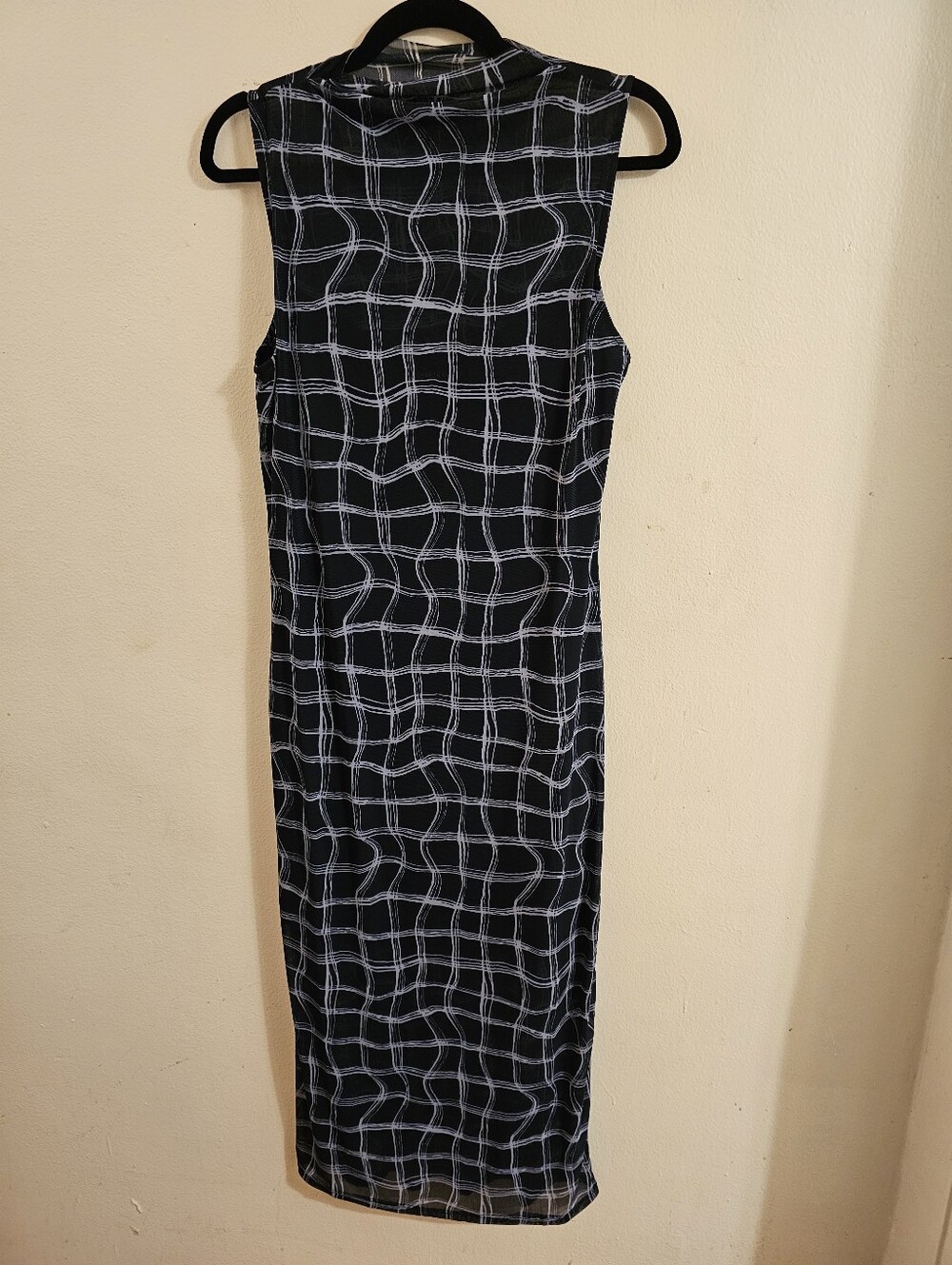 Kenneth Cole Navy Sleeveless Window Pane -Print Mesh Midi Dress